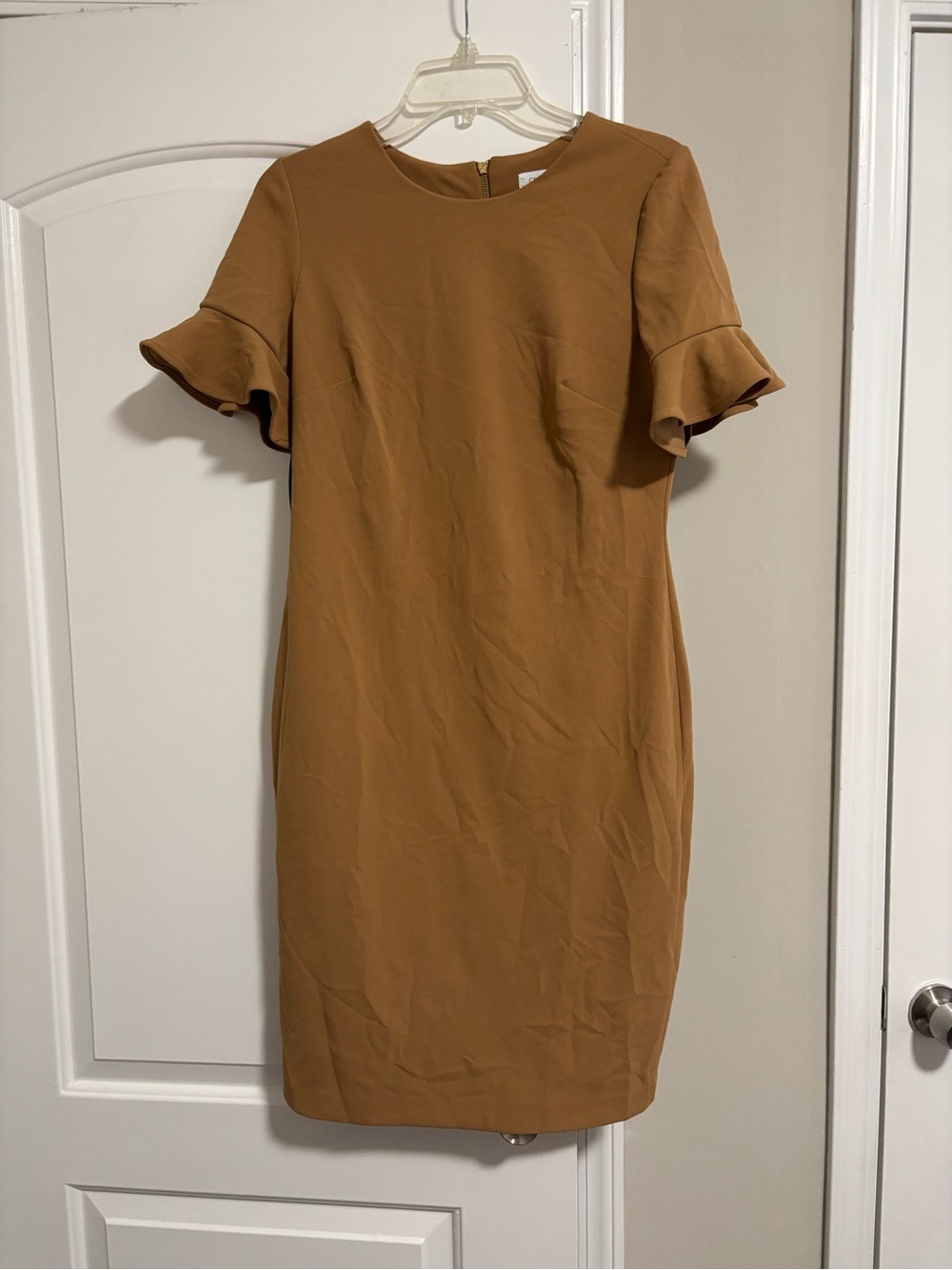CALVIN KLEIN, Tan Ruffle-Sleeve Sheath Dress, Size 8